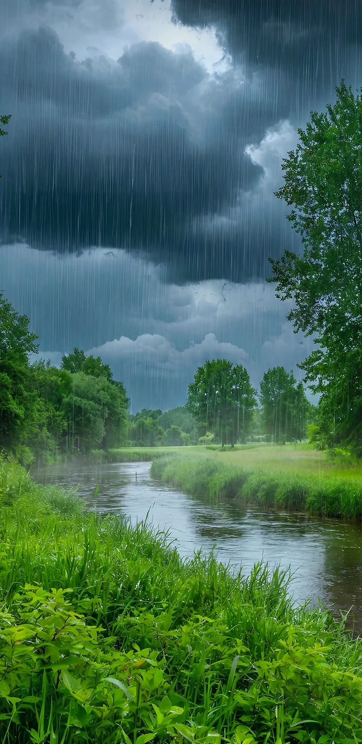 Regen fällt über eine grüne Landschaft mit Fluss, Wiese und dunklen Gewitterwolken – Natur Wallpaper in hoher Auflösung