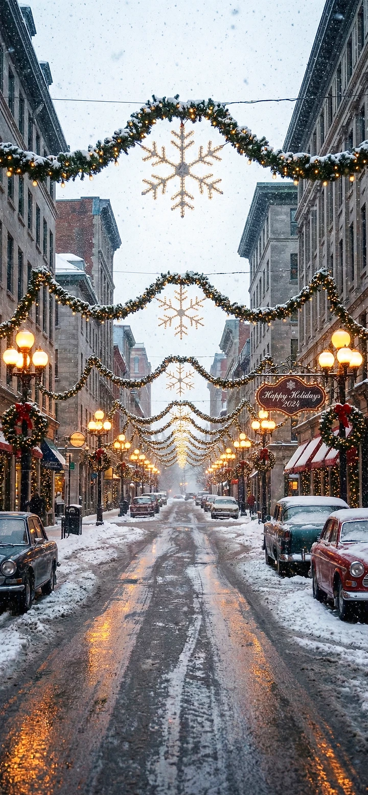 Vertikales Handy-Hintergrundbild einer festlich beleuchteten, verschneiten Stadtstraße mit riesigen Schneeflocken-Lichtern, Girlanden und Oldtimern im Schnee.