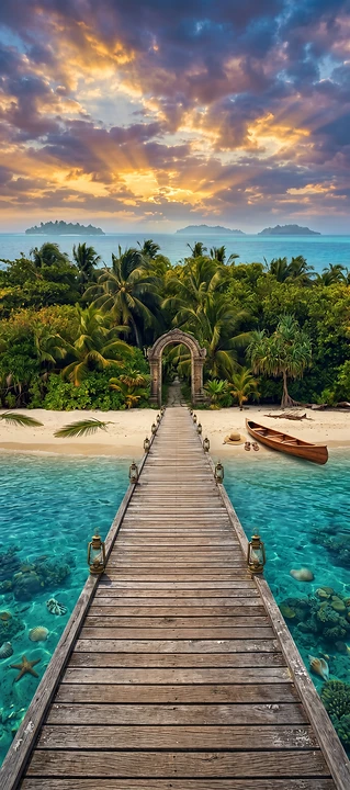 fond d’écran pont tropical 4k pour iPhone avec coucher de soleil et mer turquoise