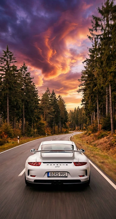4K Handy Hintergrundbild eines weißen Porsche 911 GT3 vor einer City-Skyline im pinken Sonnenuntergang.