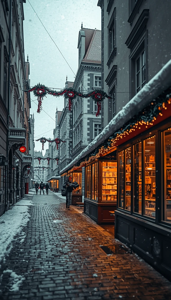Winterliche Altstadtstraße mit Schnee, warm beleuchteten Schaufenstern und Weihnachtsdekoration – vertikales 4K Wallpaper als Hintergrundbild.