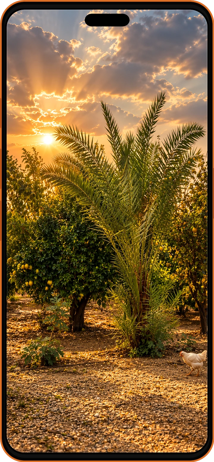 Palmen und Orangenbäume im goldenen Sonnenuntergang